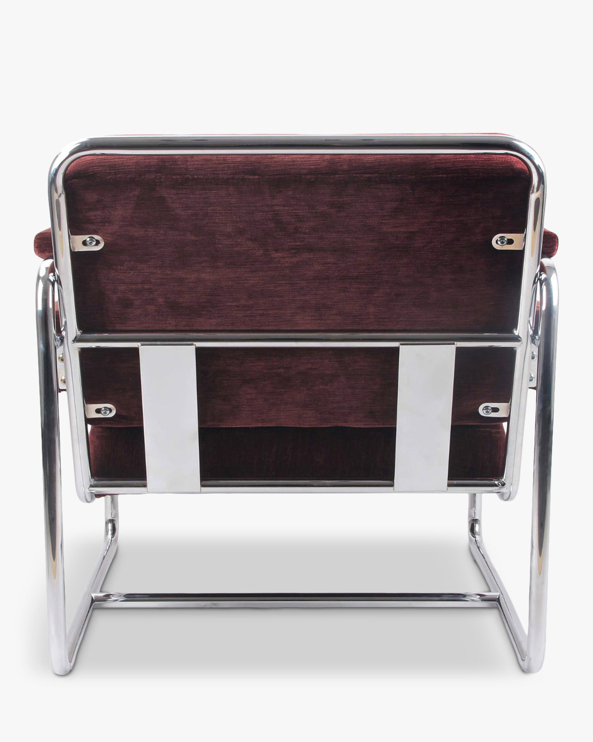Fauteuil Kyle - velours bordeaux ligné et métal chromé - vue de dos