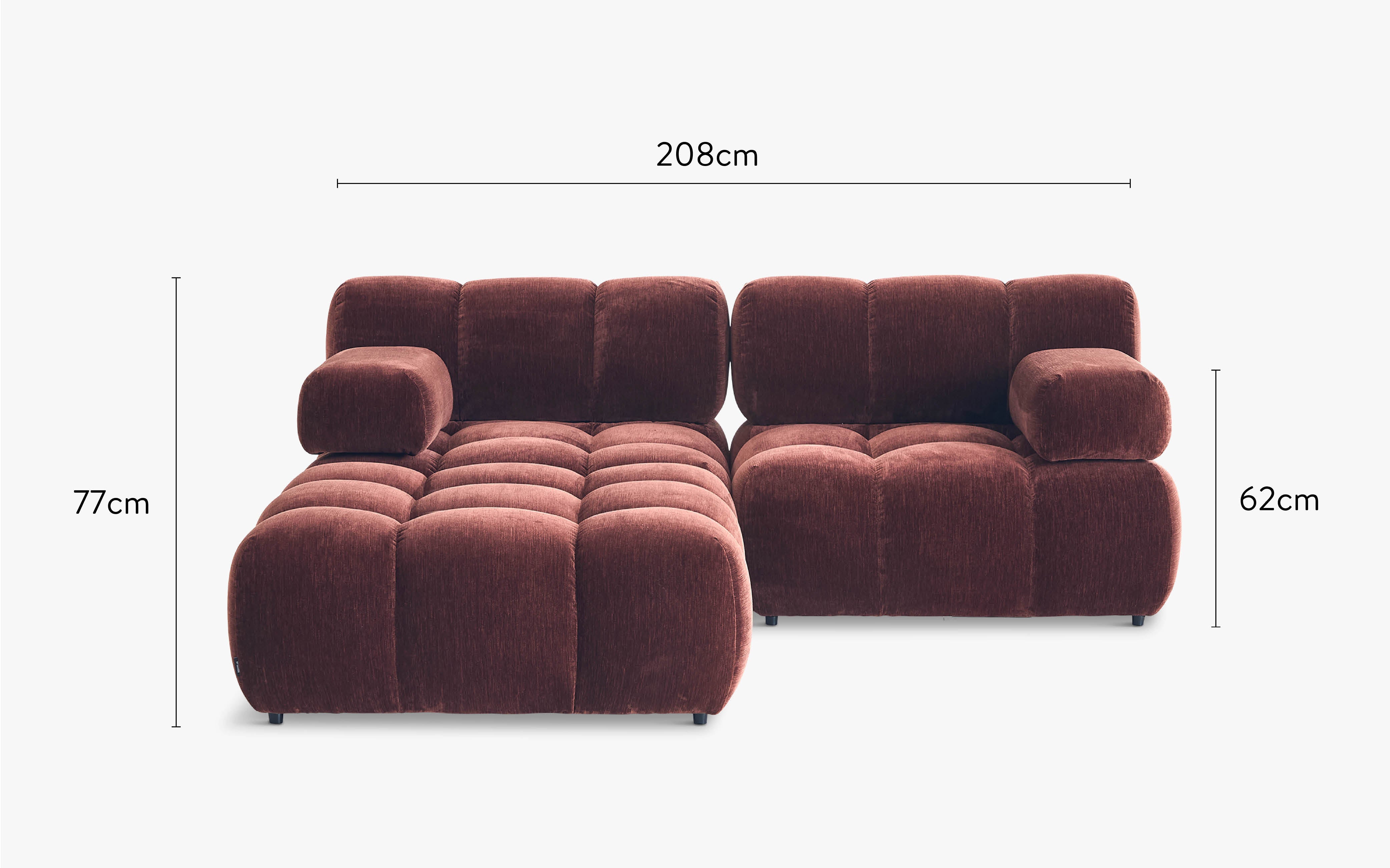 dimensions bundle waffle bordeaux canapé d'angle 3 places - NV Gallery