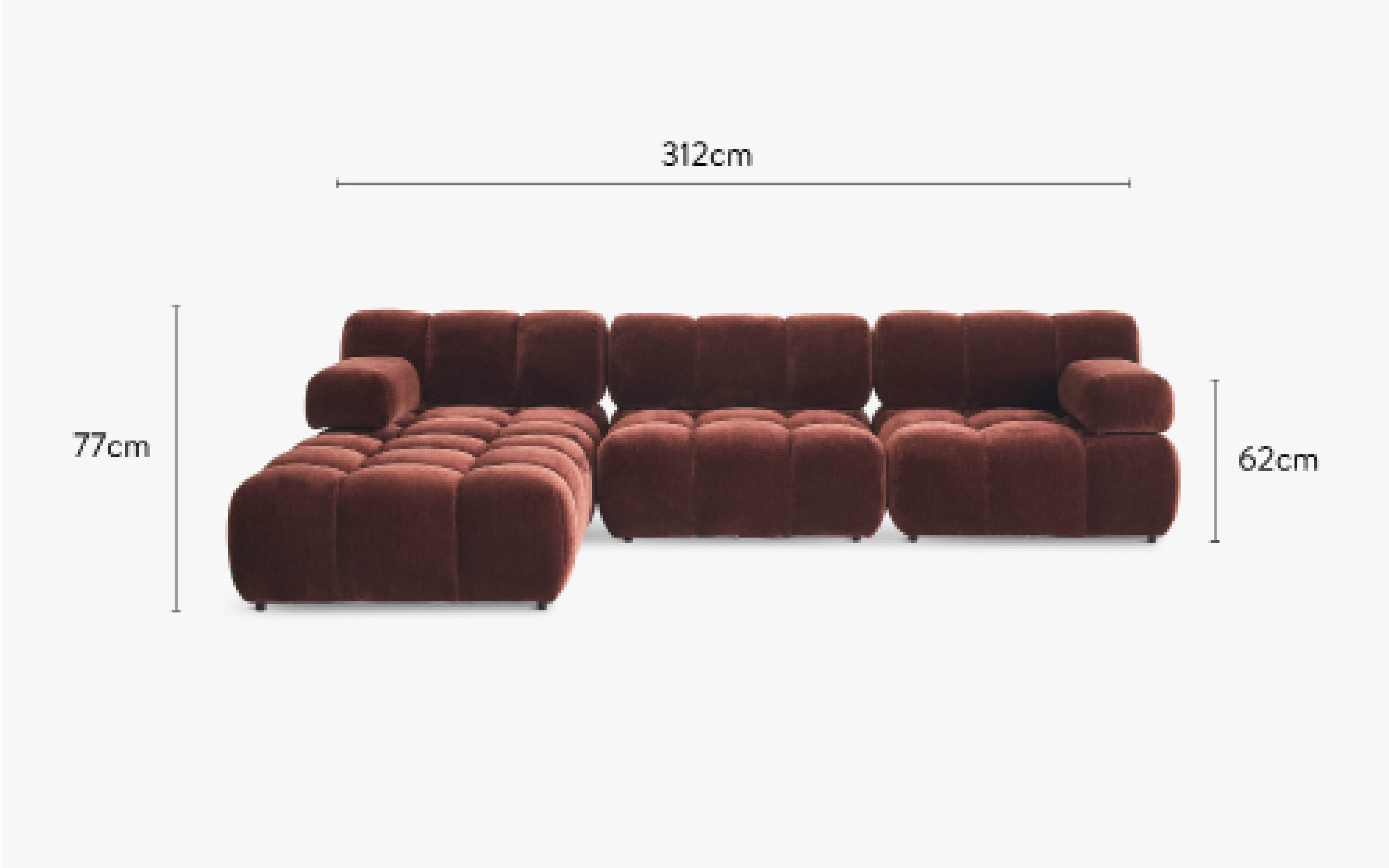 dimensions bundle waffle bordeaux canapé d'angle 4 places - NV Gallery