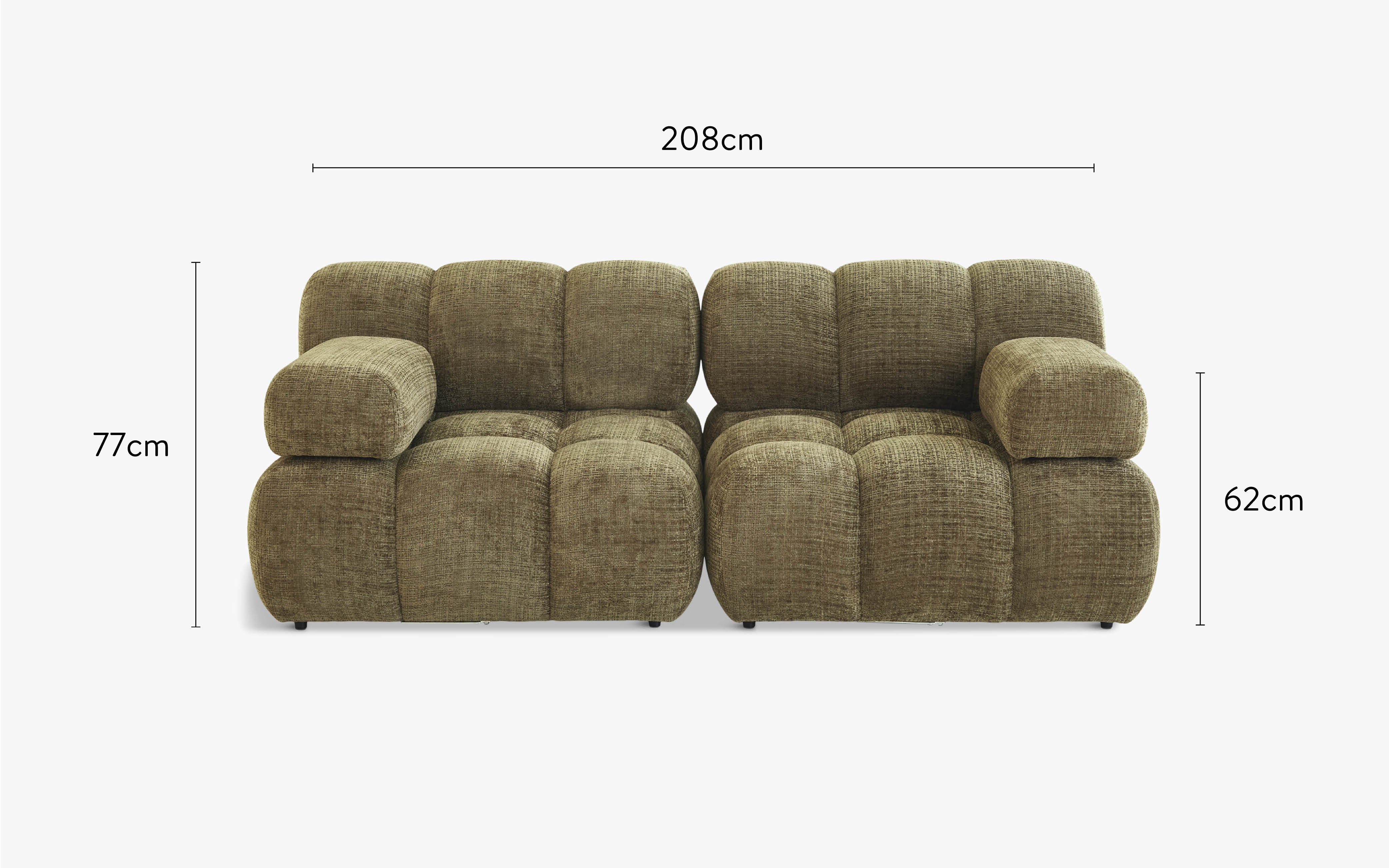 dimensions canapé droit waffle tweed vert lichen 2 modules accoudoirs