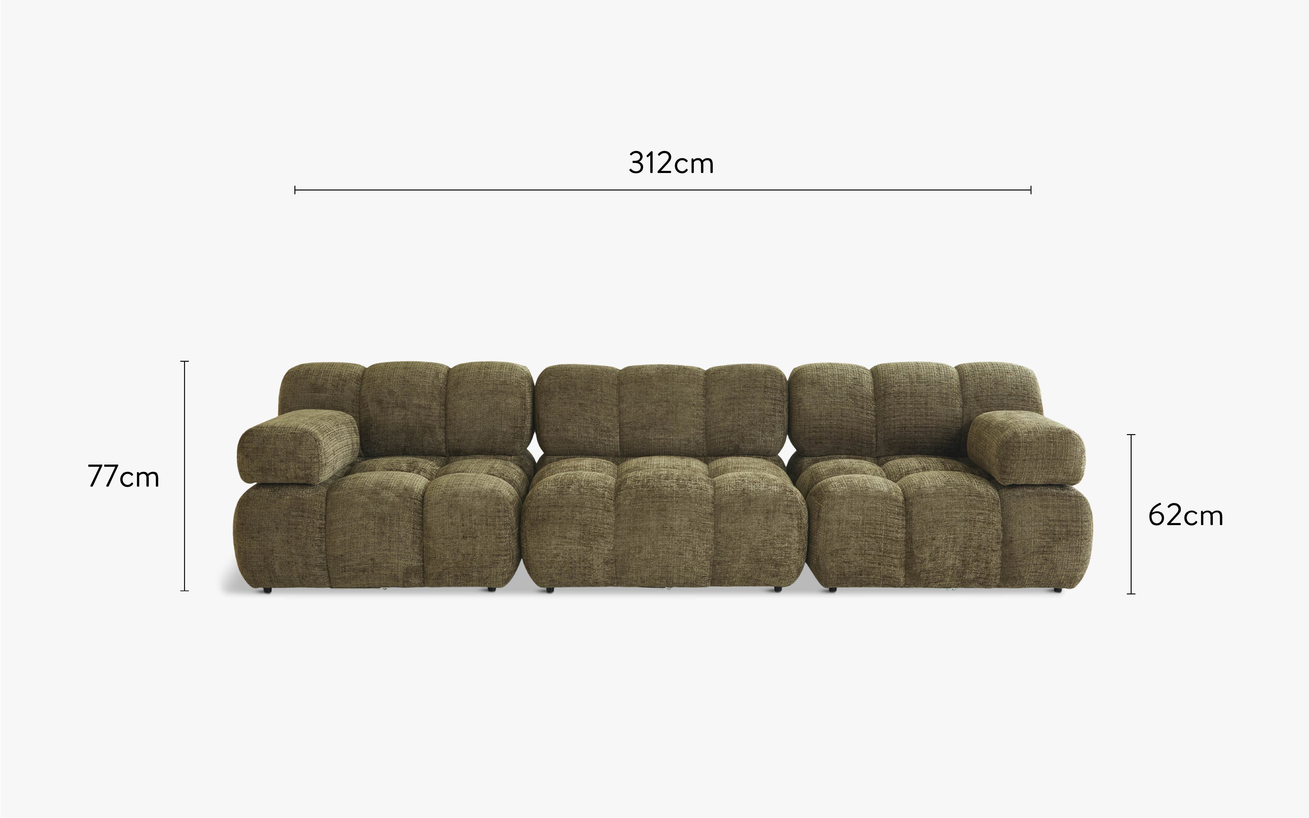 dimensions canapé droit waffle tweed vert lichen 3 modules accoudoirs