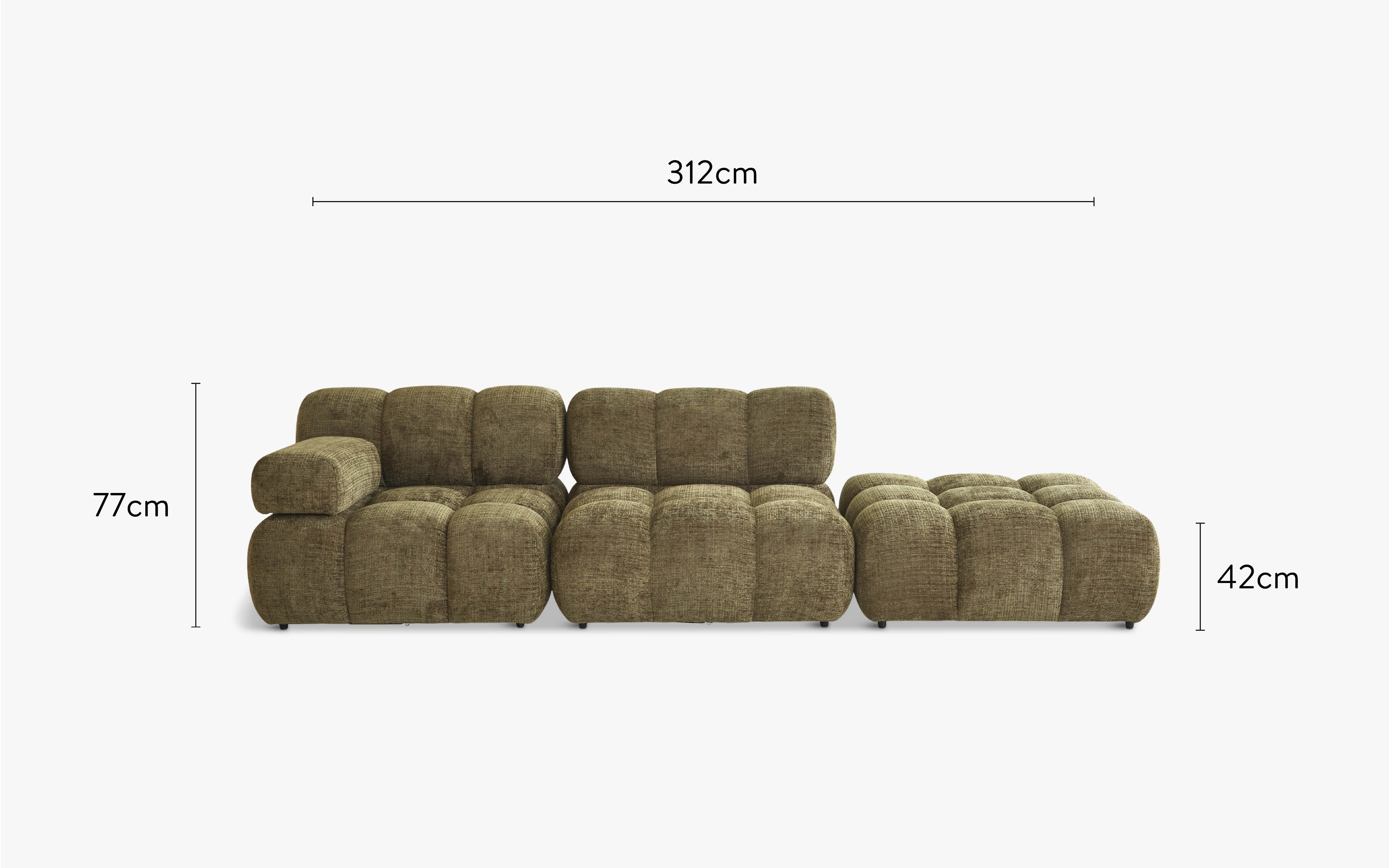 dimensions canapé méridienne waffle tweed vert lichen 3 modules