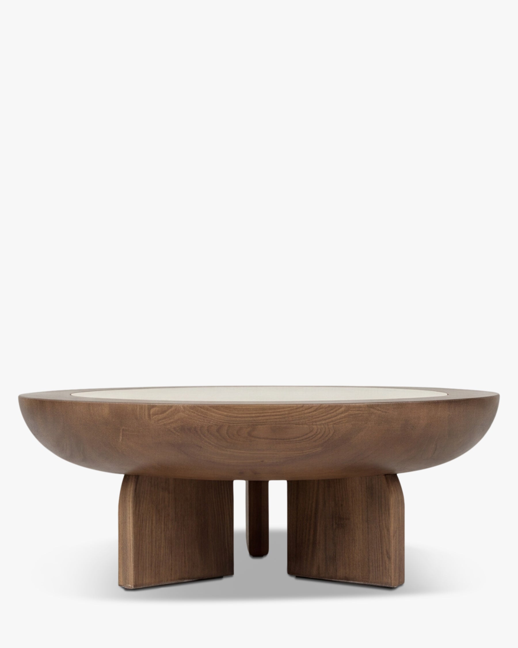 Table basse Saturne - frêne massif teinté noyer et travertin - vue de face, angle différent
