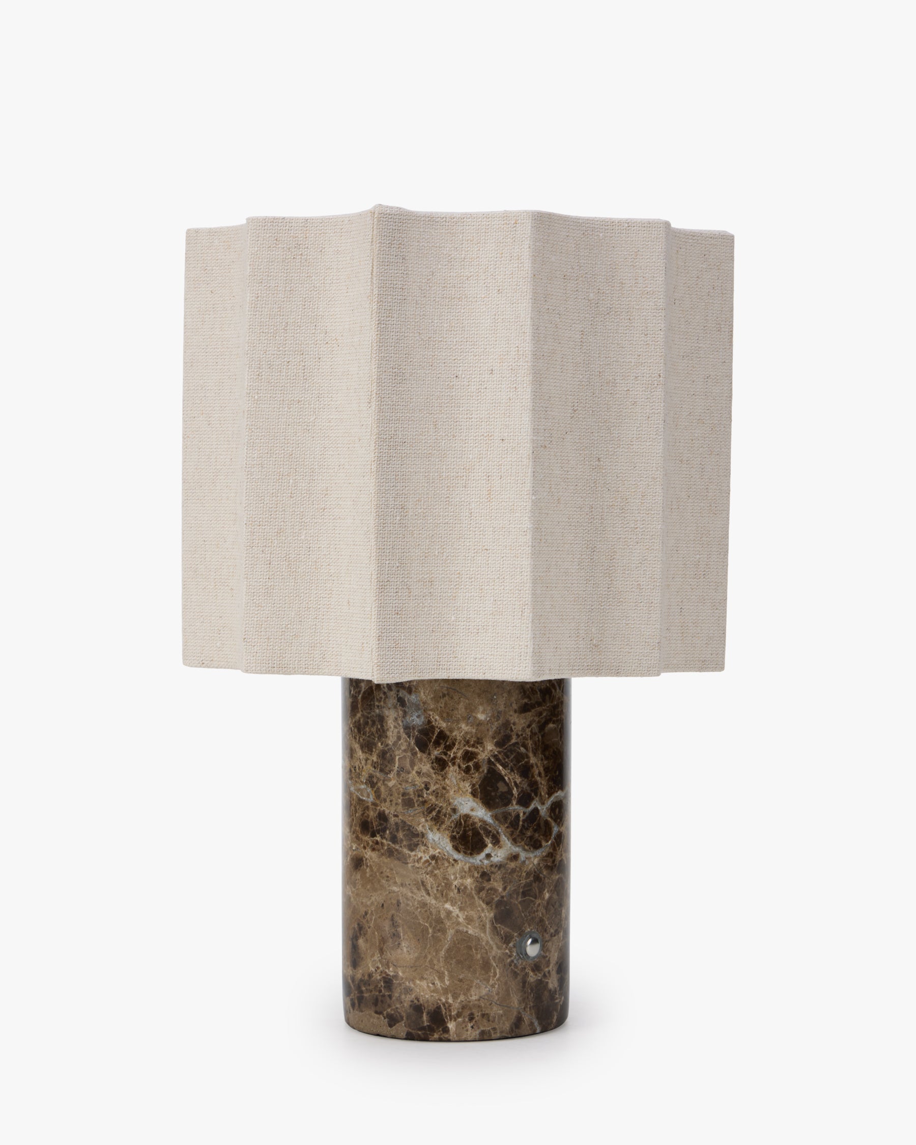 Lampe Bridget - marbre dark emperador et abat-jour lin clair - vue de face, angle différent